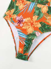 熱帶圖案荷葉邊深V連體泳衣 - 彩色 - 查看 5