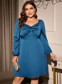 Plus Sweetheart Neck Ruched Bust Lantern Sleeve Bridesmaid Dress - Teal Blue - View 3