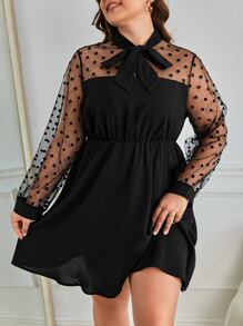 SHEIN Frenchy Plus Contrast Dobby Mesh Tie Neck Dress - Black - View 1