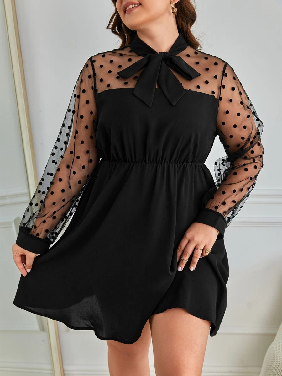 SHEIN Frenchy Plus Contrast Dobby Mesh Tie Neck Dress - Black - View 1