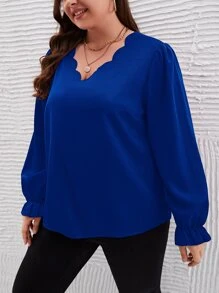 SHEIN Clasi Plus Scallop Trim Flounce Sleeve Blouse - Royal Blue - View 3