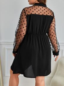 SHEIN Frenchy Plus Contrast Dobby Mesh Tie Neck Dress - Black - View 2