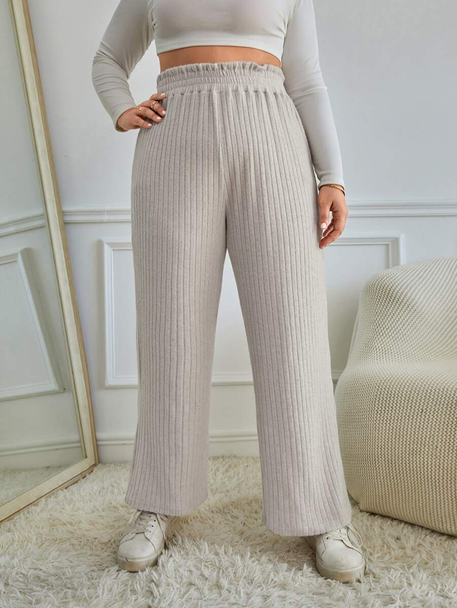 SHEIN Frenchy Pantalones de cintura con volante tejido de canalé