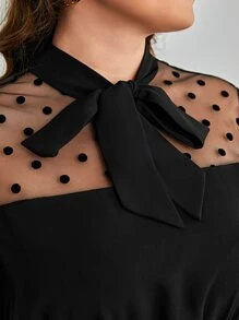 SHEIN Frenchy Plus Contrast Dobby Mesh Tie Neck Dress - Black - View 6