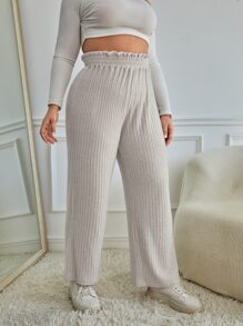 SHEIN Frenchy Pantalones de cintura con volante tejido de canalé
