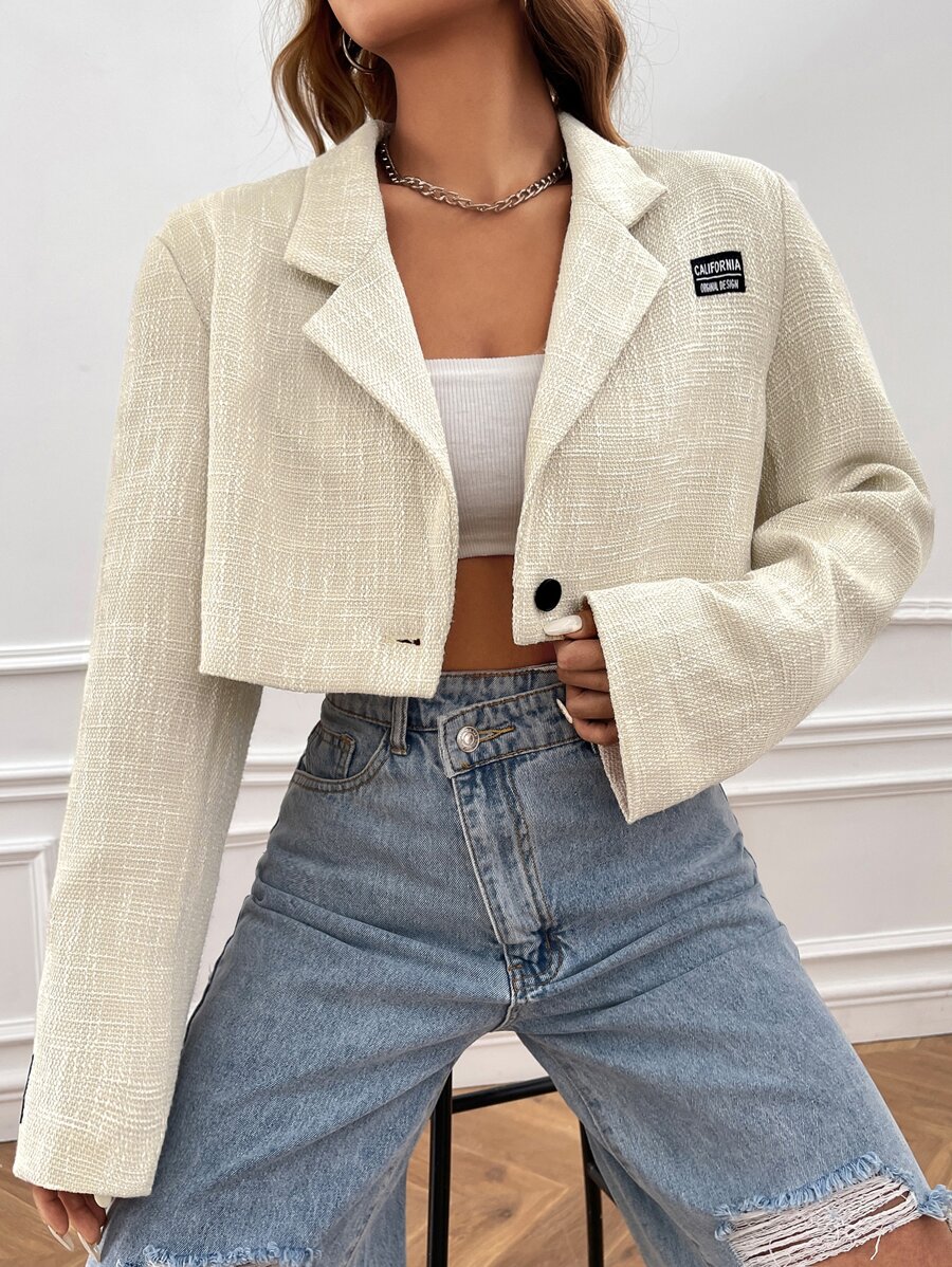 SHEIN EZwear 字母補丁細節單釦短版西裝 - 卡其色 - 查看 1