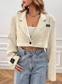 SHEIN EZwear 字母補丁細節單釦短版西裝 - 卡其色 - 查看 4