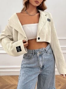 SHEIN EZwear 字母補丁細節單釦短版西裝 - 卡其色 - 查看 6