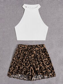 SHEIN VCAY Top halter & con estampado de leopardo Shorts con cinturón - Multicolor - Ver 5