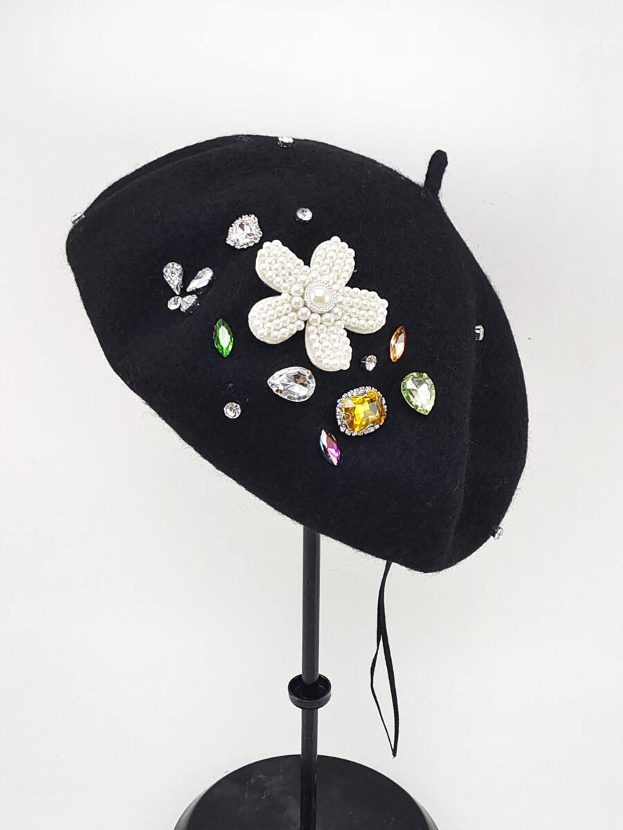 Rhinestone & Flower Decor Wool-Mix Beret - Black - View 1
