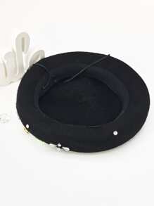 Rhinestone & Flower Decor Wool-Mix Beret - Black - View 3