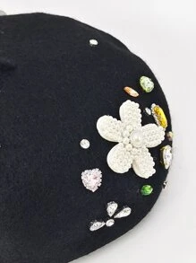 Rhinestone & Flower Decor Wool-Mix Beret - Black - View 6