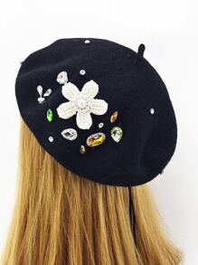 Rhinestone & Flower Decor Wool-Mix Beret - Black - View 7