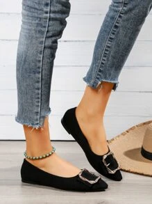 Metal Decor Faux Suede Ballet Flats - Black - View 5