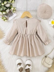 Vestido Para Niña De Bebé Con Mangas De Volante Y Borde Y Gorro Accesorio - Albaricoque - Ver 2