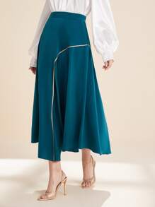 Modelyn Contrast Piping Asymmetrical Hem Skirt - Teal Blue - View 1