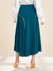 Modelyn Contrast Piping Asymmetrical Hem Skirt - Teal Blue - View 2