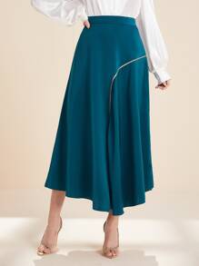 Modelyn Contrast Piping Asymmetrical Hem Skirt - Teal Blue - View 3