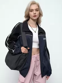 DAZY Letter Graphic Contrast Piping Zip Up Jacket,Fall Clothes - Navy Blue - View 1