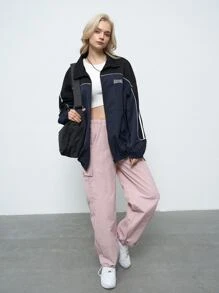 DAZY Letter Graphic Contrast Piping Zip Up Jacket,Fall Clothes - Navy Blue - View 3