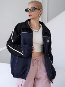 DAZY Letter Graphic Contrast Piping Zip Up Jacket,Fall Clothes - Navy Blue - View 4
