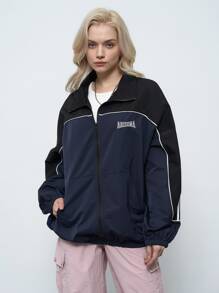 DAZY Letter Graphic Contrast Piping Zip Up Jacket,Fall Clothes - Navy Blue - View 5