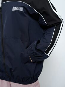 DAZY Letter Graphic Contrast Piping Zip Up Jacket,Fall Clothes - Navy Blue - View 7