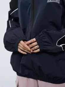 DAZY Letter Graphic Contrast Piping Zip Up Jacket,Fall Clothes - Navy Blue - View 8