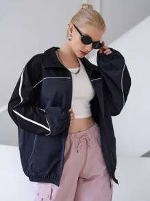 DAZY Letter Graphic Contrast Piping Zip Up Jacket,Fall Clothes - Navy Blue - View 9