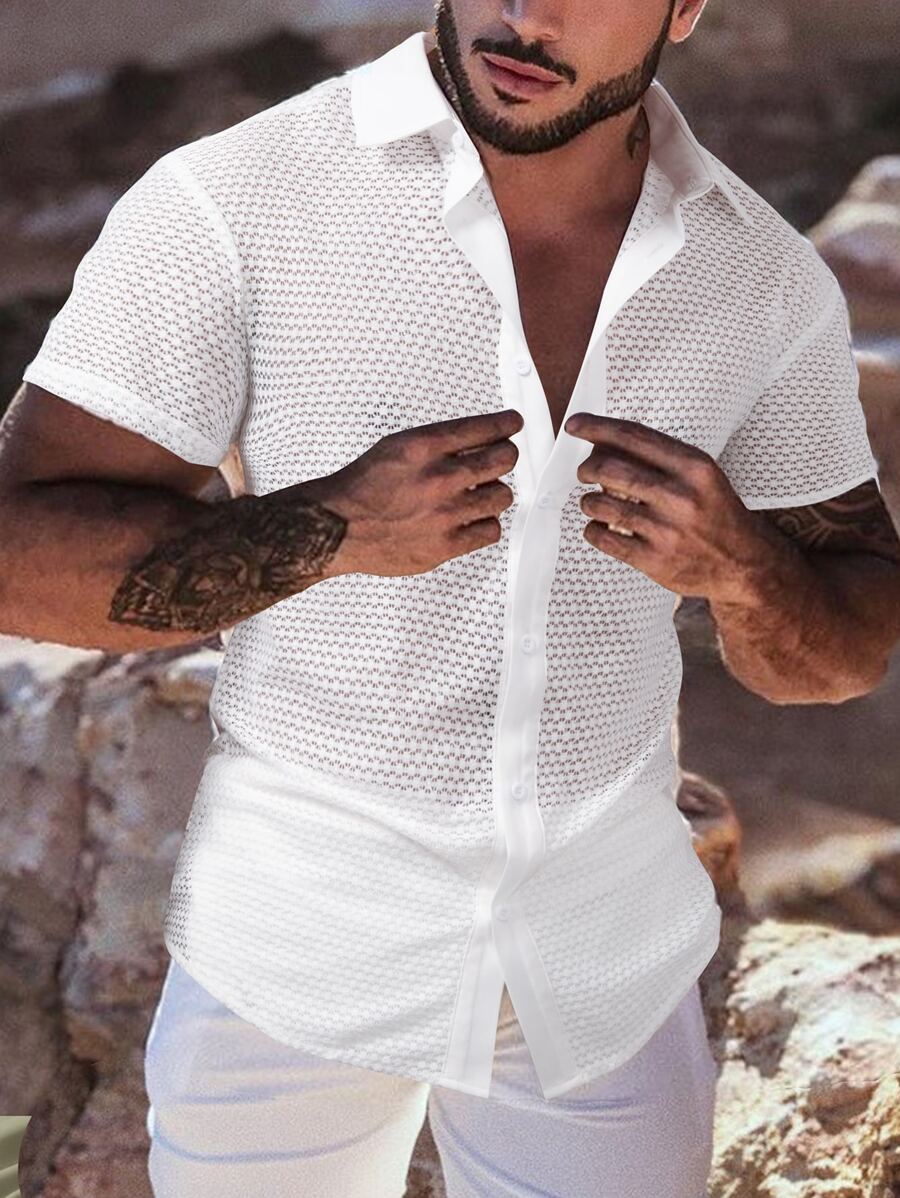 Manfinity Homme Áo sơ mi Nam Nút phía trước màu trơn Giải trí - trắng - Xem 1