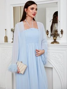 Modelyn Frill Trim Cami Dress & Fuzzy Cuff Halter Dress - Baby Blue - View 5