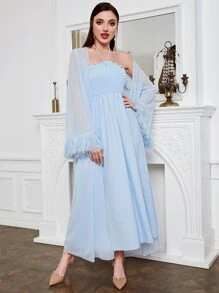 Modelyn Frill Trim Cami Dress & Fuzzy Cuff Halter Dress - Baby Blue - View 6