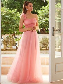 Missord 胸部褶皺網紗覆蓋舞會連衣裙 - 珊瑚粉 - 查看 8