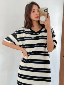 Camisón de hombros caídos a rayas, pijama de verano - Blanco y Negro - Ver 3