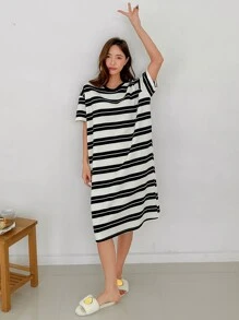 Camisón de hombros caídos a rayas, pijama de verano - Blanco y Negro - Ver 4