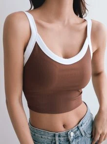 DAZY Contrast Binding Cami Sports Bra - Brown - View 1