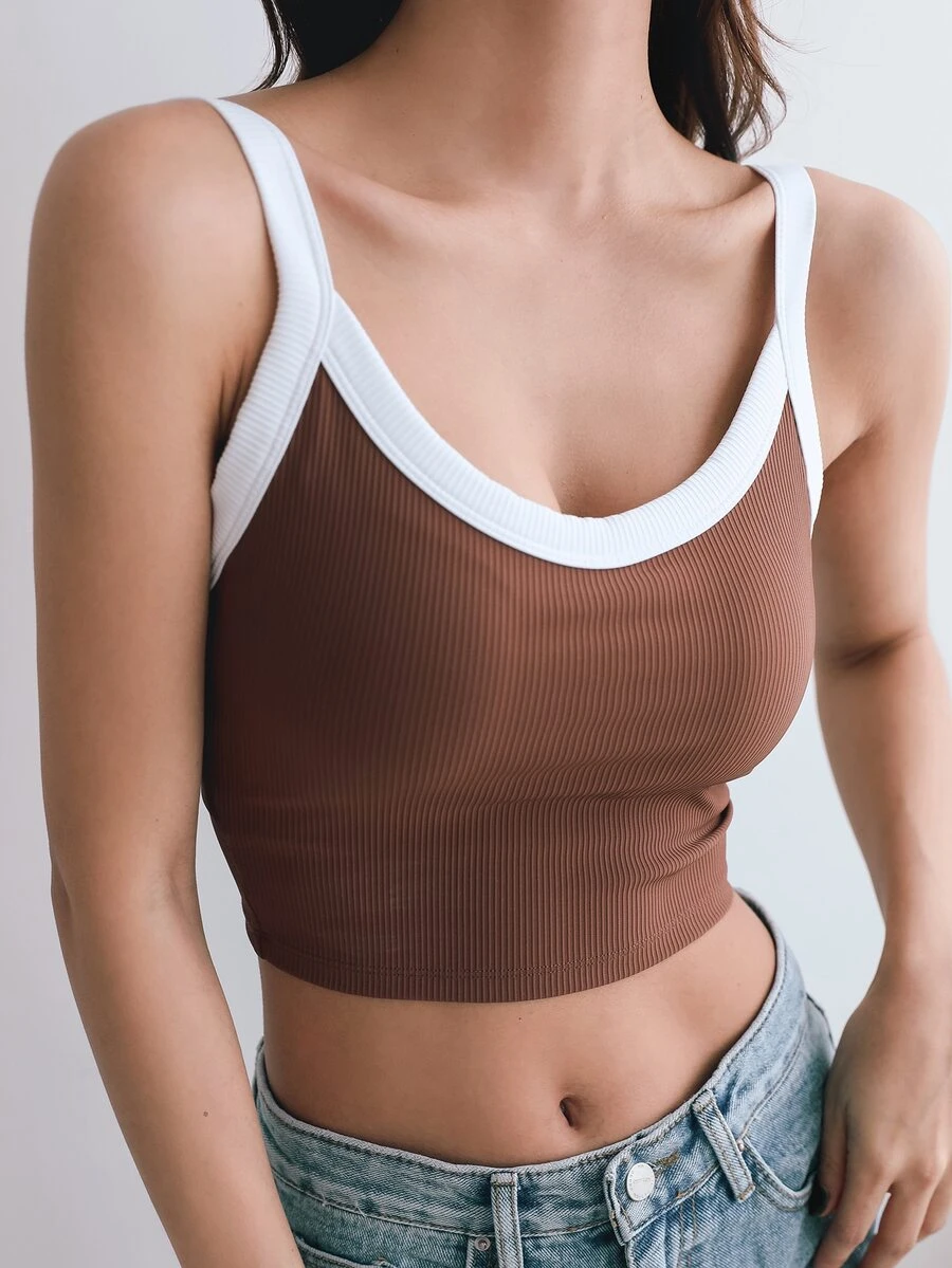 DAZY Contrast Binding Cami Sports Bra - Brown - View 1