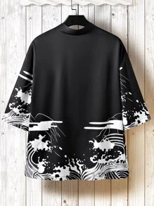 Manfinity EMRG 男士鬆身波浪印花開襟襯衫（不含t恤） - 黑色 - 查看 2