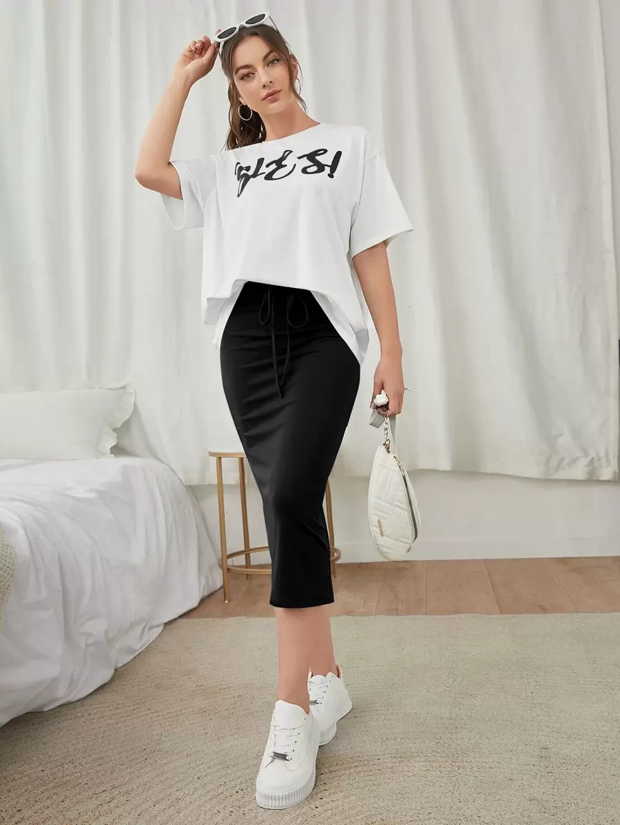 Mulvari Letter Graphic Tee & Split Hem Skirt - Black and White - View 1
