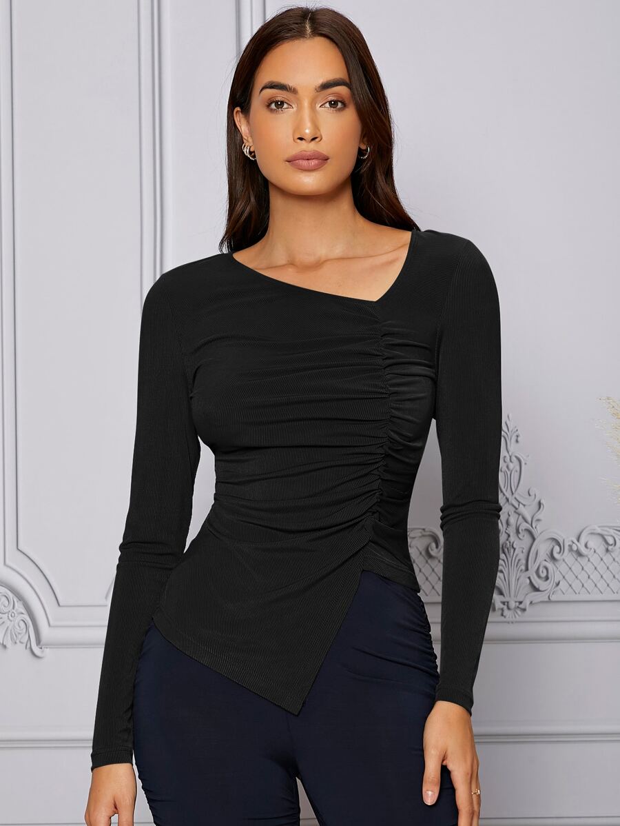Mulvari Áo thun nữ Bất đối xứng Xù màu trơn Giải trí - màu đen - Xem 1