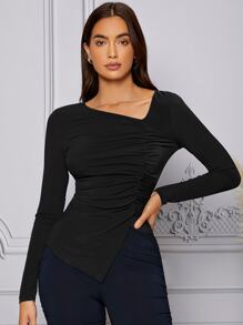 Mulvari Áo thun nữ Bất đối xứng Xù màu trơn Giải trí - màu đen - Xem 4