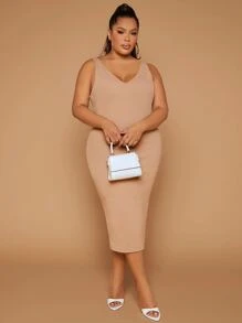 SHEIN SXY Plus Solid Tank Dress - Khaki - View 3