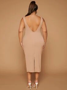 SHEIN SXY Plus Solid Tank Dress - Khaki - View 2