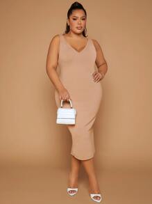 SHEIN SXY Plus Solid Tank Dress - Khaki - View 5