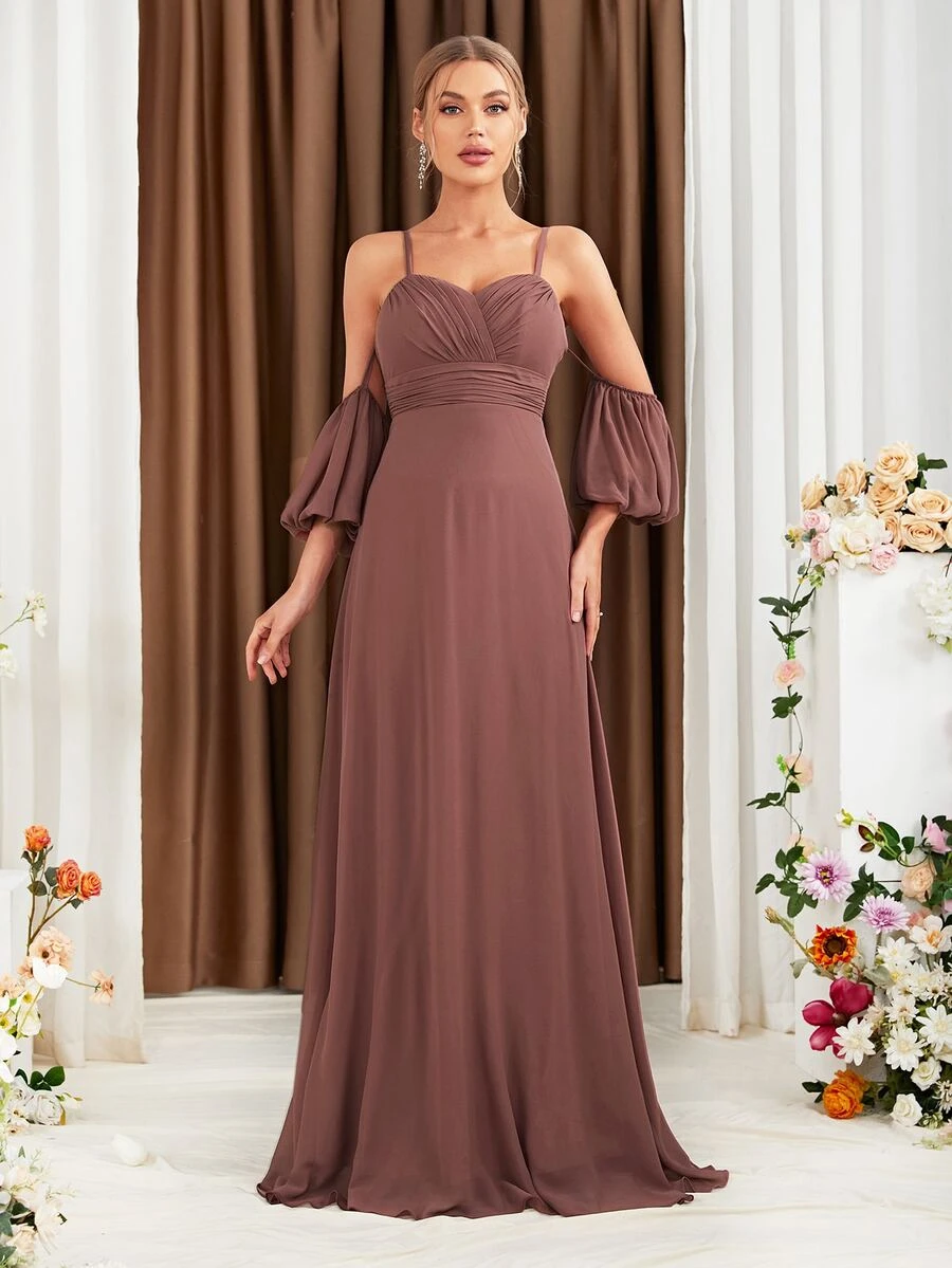 Cold Shoulder Ruched Bustier Chiffon Bridesmaid Dress - Dusty Pink - View 1