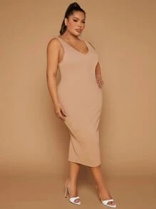 SHEIN SXY Plus Solid Tank Dress - Khaki - View 1