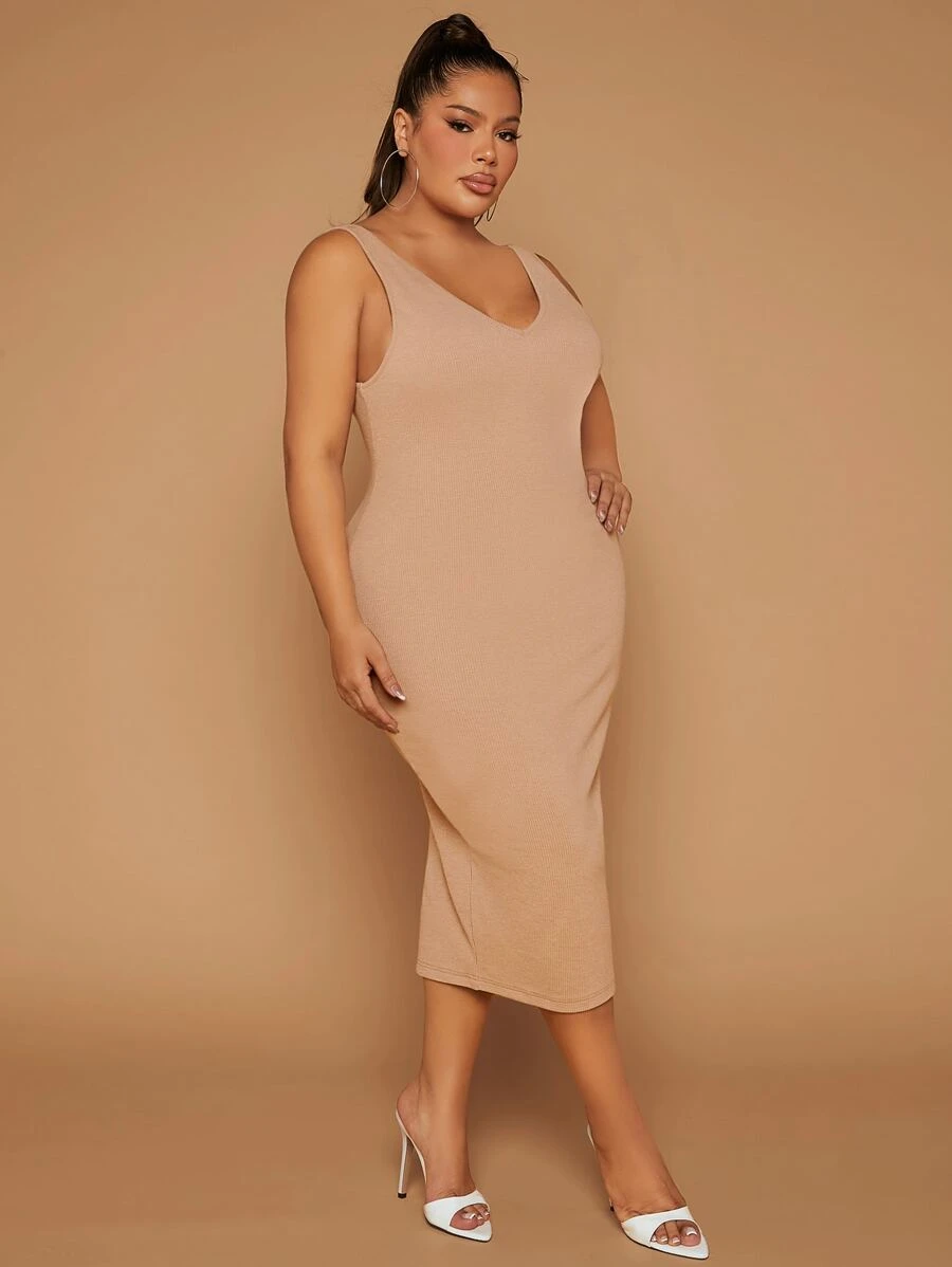 SHEIN SXY Plus Solid Tank Dress - Khaki - View 1