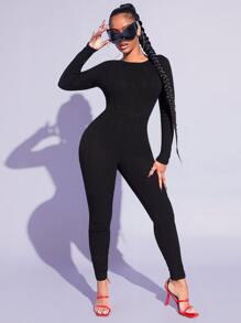 SHEIN SXY Đơn vị Nữ Gân đan Lộ Lưng màu trơn - màu đen - Xem 3