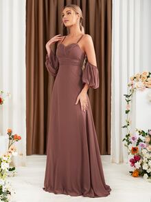 Cold Shoulder Ruched Bustier Chiffon Bridesmaid Dress - Dusty Pink - View 3