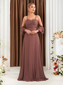 Cold Shoulder Ruched Bustier Chiffon Bridesmaid Dress - Dusty Pink - View 4